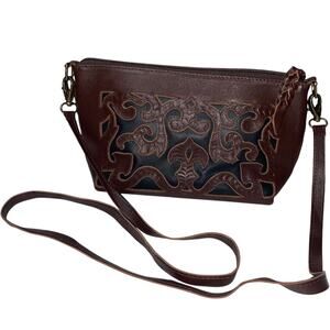 Leaders Hand Tooled Brown/Black Leather Shoulder Bag
